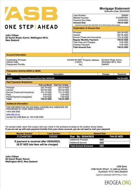 Modèle Word et PDF de relevé hypothécaire de la Banque ASB de Nouvelle , Zélande